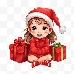 戴着红色圣诞帽扎着辫子的女孩坐