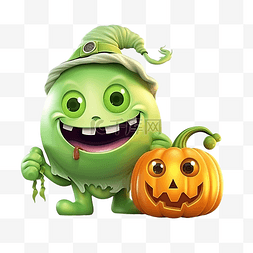 南瓜灯的光图片_卡通绿色小怪物拿着南瓜灯笼和小