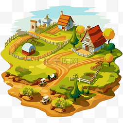 山闲暇时图片_农田剪贴画卡通村庄与农场和房屋