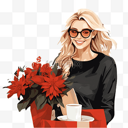 红色圣诞花图片_咖啡店里快乐微笑的金发女郎，带