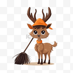 快乐小动物图片_拿着扫帚的鹿的万圣节插图