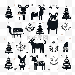 黑白圣诞物品和动物的矢量