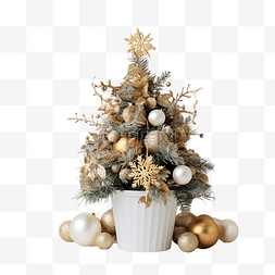金色圣诞树枝图片_白色木头和圣诞树树枝上一桶时尚