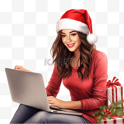 圣诞节时，黑发微笑着用笔记本电