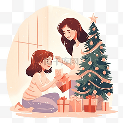 一个女孩和她的母亲在圣诞树附近
