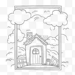 框线描图片_房子和云着色页和天空轮廓草图 