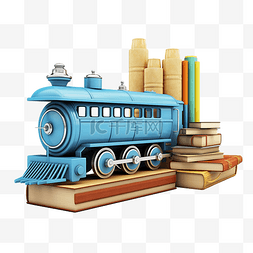 3d 蓝色机车与木制货车与学校用品
