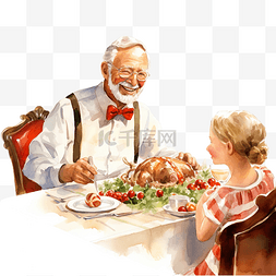 快乐的祖父在圣诞家庭晚宴上讲故