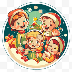 儿童圆形海报图片_圆形海报有 4 个儿童的圣诞场景剪