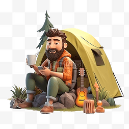 男人享受在森林中露营 3D 人物插
