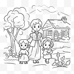 一位妇女和她的孩子站在房屋轮廓