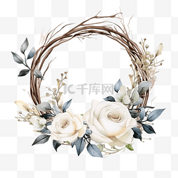 干树枝花圈框架上的水彩白玫瑰花