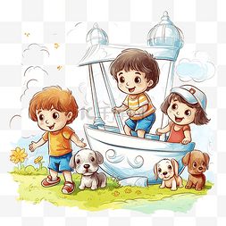 躺在船上的人图片_小孩子和一只小狗在夏季公园游乐