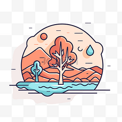 一棵树和一座有叶子和水的山的平