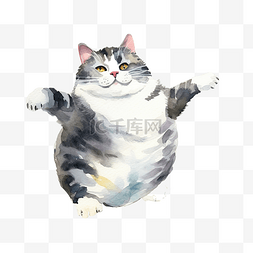 一只胖乎乎的猫的水彩画，有黑白