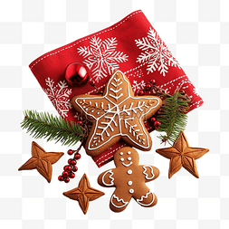 有霜的树枝图片_姜饼圣诞树和红色餐巾上的星星，