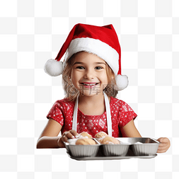 姜圣诞饼干图片_戴着圣诞老人帽子的小女孩在家里