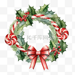 圣诞糖果拐杖图片_圣诞冬青花环与拐杖糖水彩插图