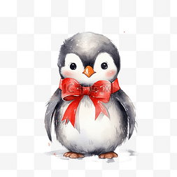 圣诞冬季可爱的企鹅画，带红色蝴
