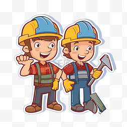 两个戴着安全帽的卡通建筑工人 