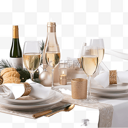玻璃酒瓶图片_一瓶香槟和节日圣诞餐桌上的其他