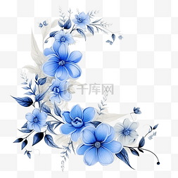 蓝色花朵植物的角框，有花和叶