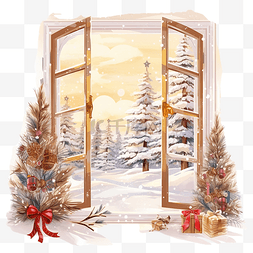 有雪花的树图片_窗外有森林的圣诞景观