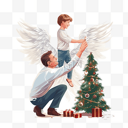 快乐的父亲帮助儿子把天使放在圣