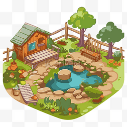 后院剪贴画卡通池塘和小屋与木制