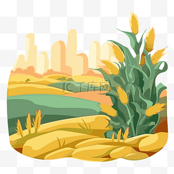 玉米田剪贴画插图与城市景观背景