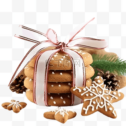 丝带上的饼干，木桌上有圣诞装饰
