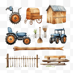 牧场栅栏图片_水彩农场设备工具元素收藏套装农