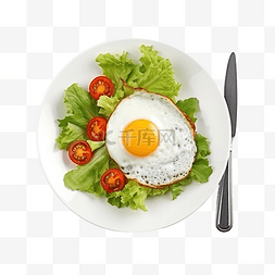 刀筷子图片_煎蛋黄油炸食品生菜番茄放在盘子