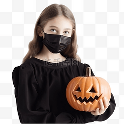 女孩手中戴医疗保护黑面具的万圣
