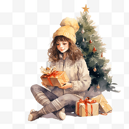 回家的女孩图片_坐在圣诞树旁拿着圣诞礼物的女孩