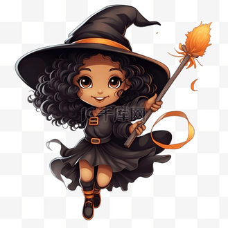跳舞小黑人图片素材_卡通可爱的小年轻黑人女巫拿着扫帚飞行