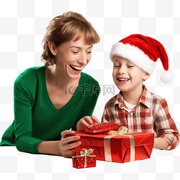 母亲与孩子玩耍图片_戴着圣诞帽的快乐男孩享受与母亲
