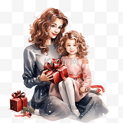 坐在礼物上的人图片_妈妈和女儿带着礼物坐在圣诞树旁