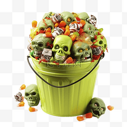 装满的糖图片_绿色的万圣节桶，形状像僵尸，里