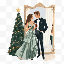 幸福的情侣在配有大镜子和圣诞树