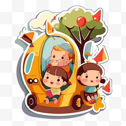 树木贴纸图片_车里的孩子和树木贴纸和吉祥物 
