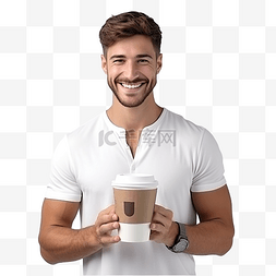 拿杯子的男人图片_微笑的年轻人在外卖杯中提供咖啡