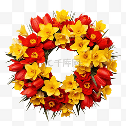水彩手绘水仙图片_红色郁金香和黄色水仙花的花环