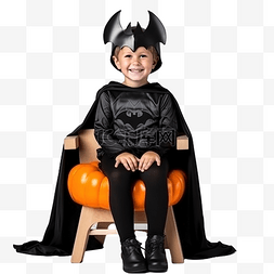 坐椅子上儿童图片_一个穿着蝙蝠服装的男孩坐在黑色