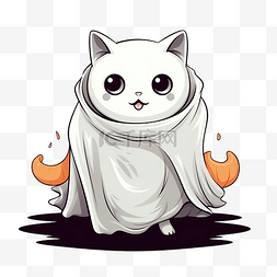 万圣节白色幽灵可爱的猫插画万圣