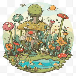 卡通森林与蘑菇和鲜花和池塘的森