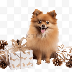 圣诞鹿角素材图片_毛茸茸的狗博美犬，圣诞树附近有
