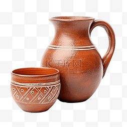 历史性背景图片_一个棕色粘土壶，白色背景上有一