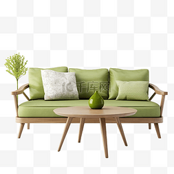 舒适背景蓝色图片_带枕头和桌子的绿色沙发
