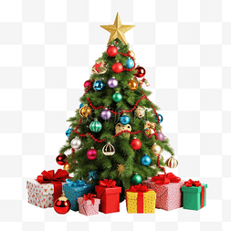 圣诞树松果图片_带星星和各种彩色礼物的小圣诞树